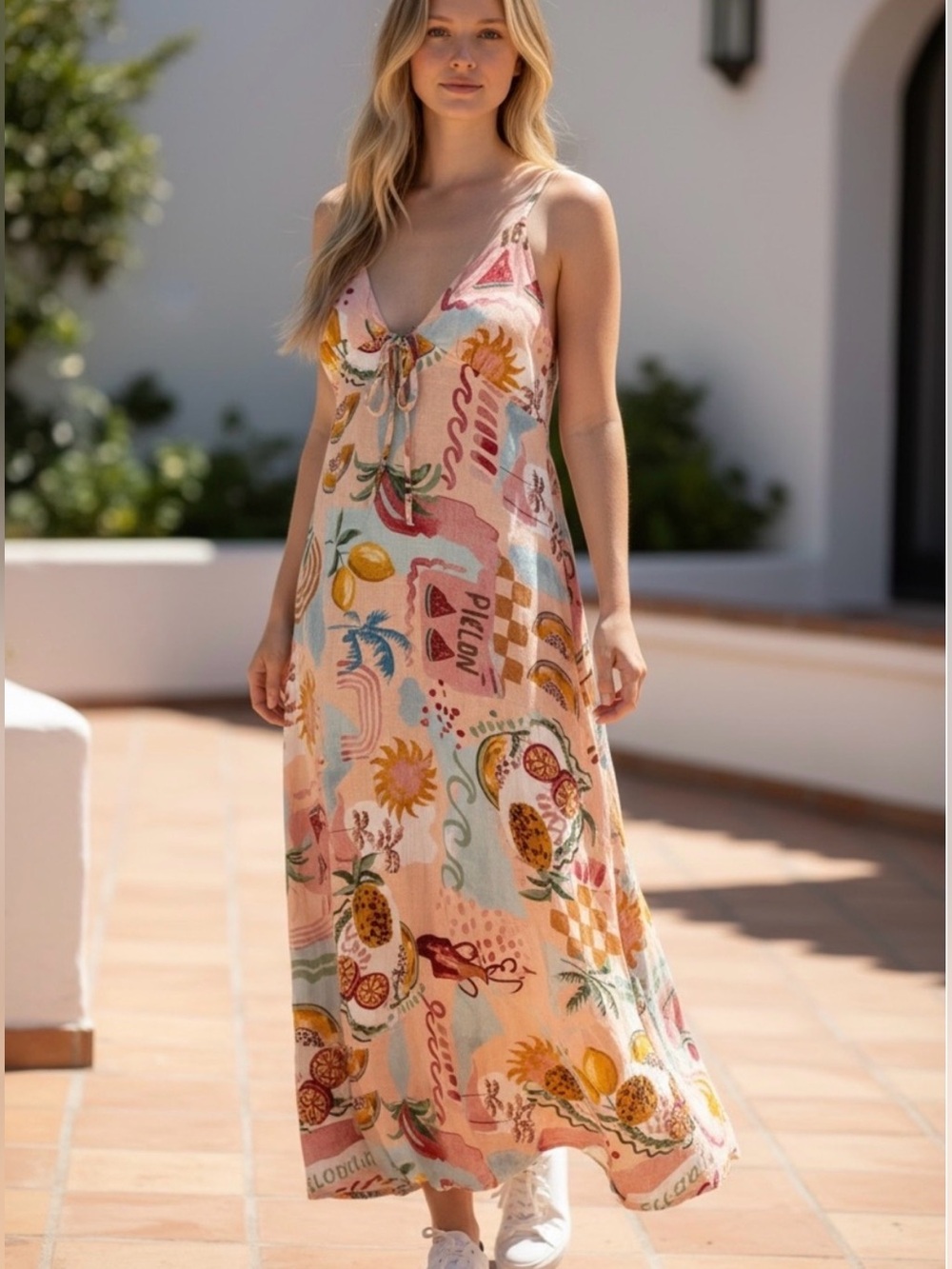 Paper Heart Playful Fruit Print Linen Maxi Tie Back Dress, Size Medium